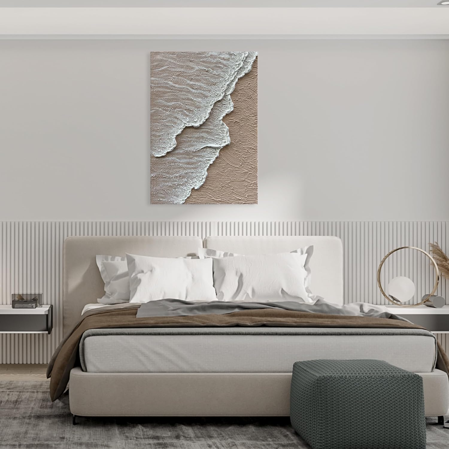 NANKAI Art 3D Ocean Wave Oil Painting Natural Scenery White Abstract Canvas Art Mural 40x28 inches