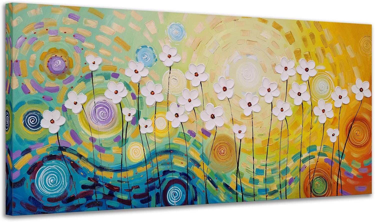 Yihui Arts Hand-Painted Textured Floral Wall Art, Vibrant Abstract Flower Canvas Painting with Thick Textures, Modern Boho Decor for Living Room Bedroom, Colorful Blooming Daisy Artwork