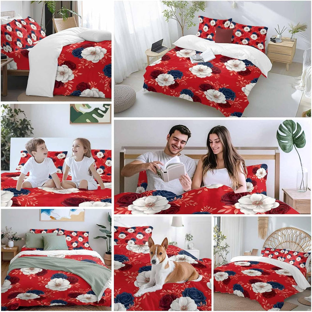 Prime Leader Independence Day Duvet Cover Set Queen Size 4 Pieces Red Blue White Roses Floral Leaf Red Bedding Set with Zipper Closure, 1 Comforter Cover 90x92 Inches 1 Flat Sheet & 2 Pillow Cases