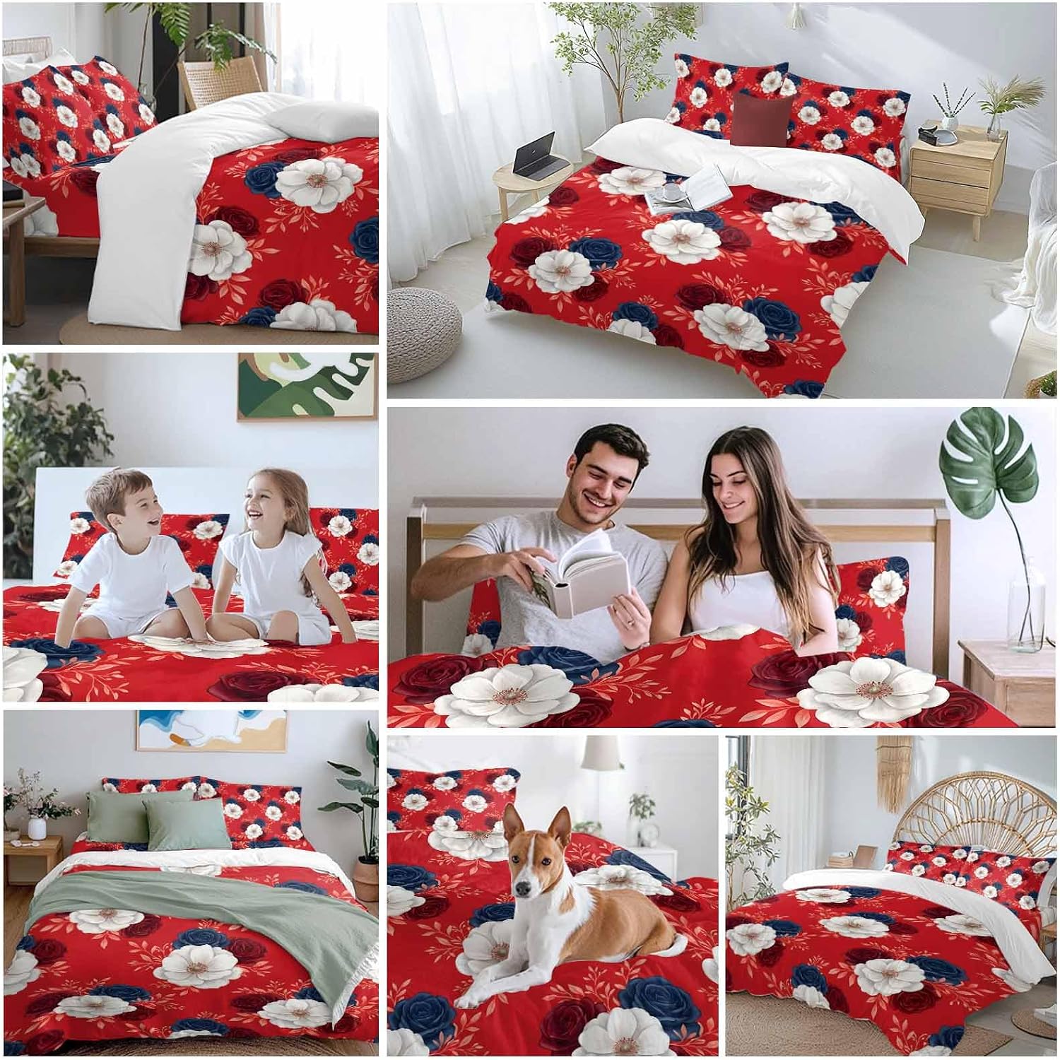 Prime Leader Independence Day Duvet Cover Set Queen Size 4 Pieces Red Blue White Roses Floral Leaf Red Bedding Set with Zipper Closure, 1 Comforter Cover 90x92 Inches 1 Flat Sheet & 2 Pillow Cases