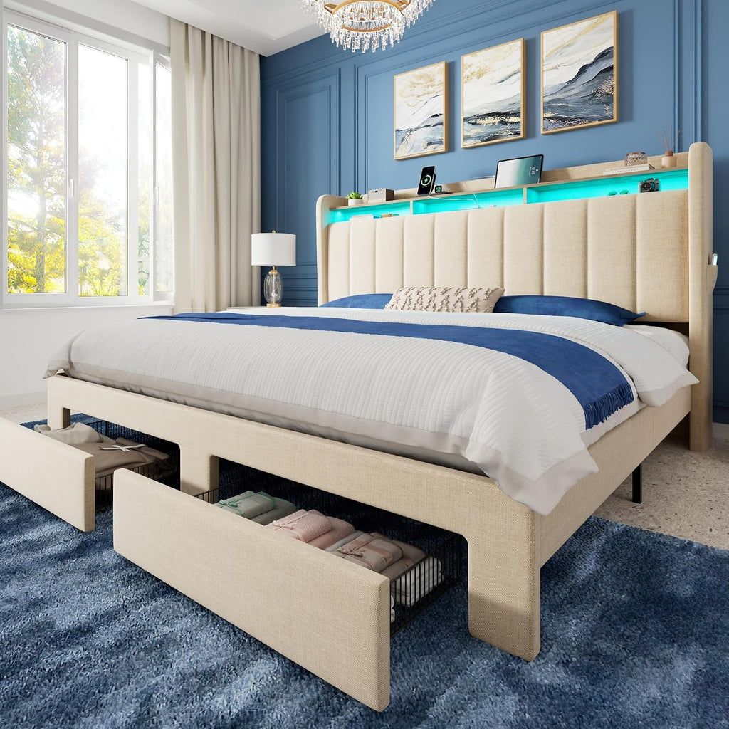 Allewie King Size Bed Frame with 2-Tier LED Storage Headboard, Upholstered King Platform Bed Frame with 2 Storage Drawers, USB & Type-C Charging Ports, Noise-Free/No Box Spring Needed, Beige