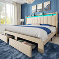 Allewie King Size Bed Frame with 2-Tier LED Storage Headboard, Upholstered King Platform Bed Frame with 2 Storage Drawers, USB & Type-C Charging Ports, Noise-Free/No Box Spring Needed, Beige
