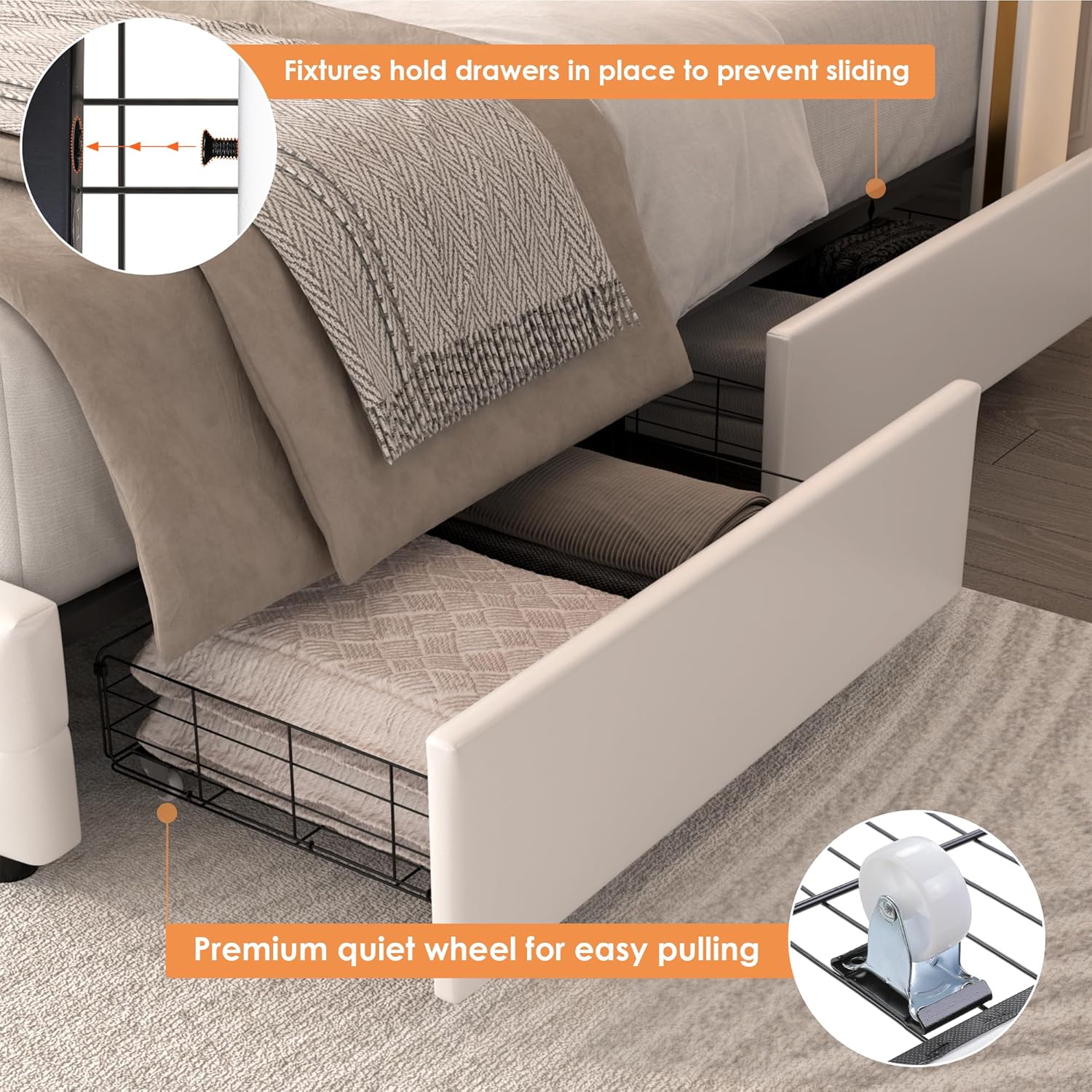 HIFIT Full Size LED Bed Frame with 4 Storage Drawers & Crystal Button-Tufted Wingback Headboard, Modern PU Upholstered Platform Bed Frame with No Box Spring Needed, Easy Assembly, White
