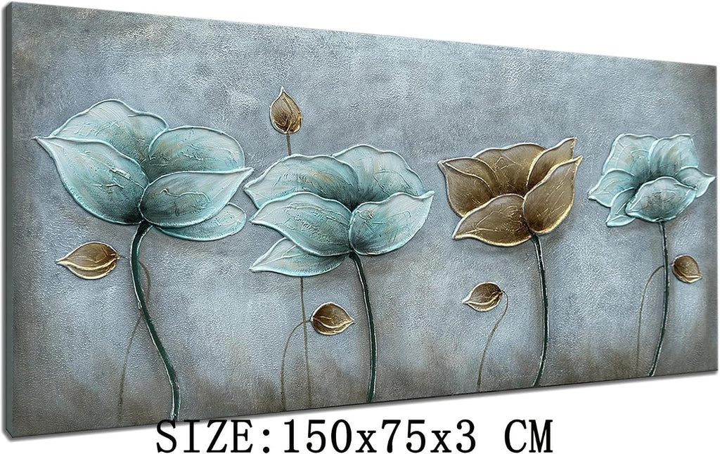 Alenoss 3D Large Oil Paintings on Canvas Wall Art 60x30 Inches Hand Painting Metal Luster Lotus Artwork Abstract Paintings Floral Wall Decor Texture Wall Art for Home Decorations