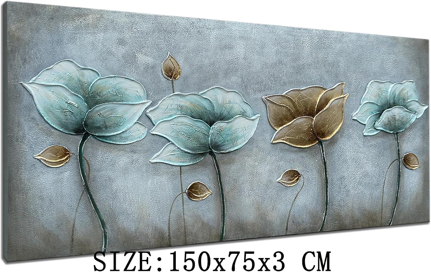Alenoss 3D Large Oil Paintings on Canvas Wall Art 60x30 Inches Hand Painting Metal Luster Lotus Artwork Abstract Paintings Floral Wall Decor Texture Wall Art for Home Decorations