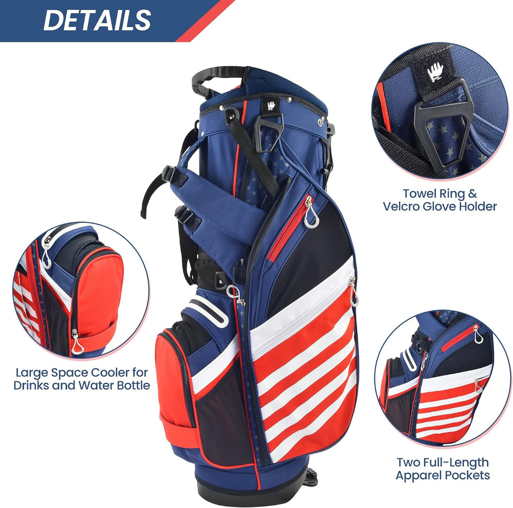 BOBOPRO Golf Stand Bag, Lightweight 14 Way Top Dividers Golf Carry Bag with 8 Pockets, USA Stars & Stripes Golf Bag for Golf Club Golf Cart for Men & Women