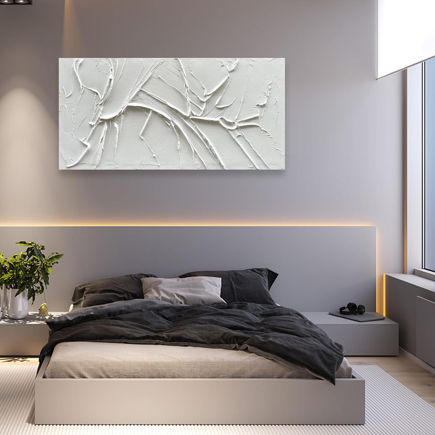 NANKAI Hand-Painted Thick Texture White Minimalist Oil Painting 30x60 Inch Large Contemporary Art Oil Painting, Home, Office Wall Decoration Art