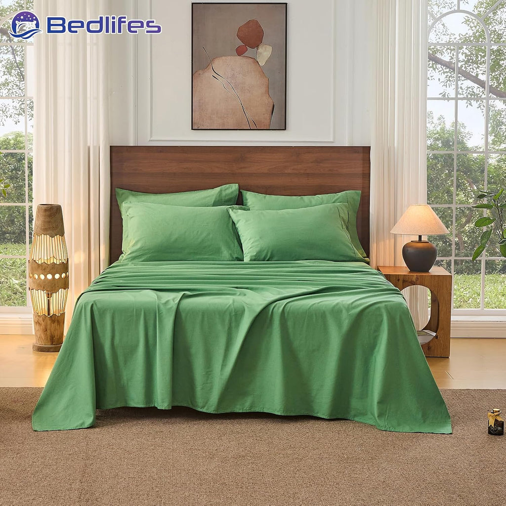Bedlifes 100% French Pure Linen Sheets Queen Size Breathable and Cooling Flax Sheet Set Soft Durable and Moisture Wicking 16 Inch Deep Pocket-4 Piece(Queen,Sage Green)