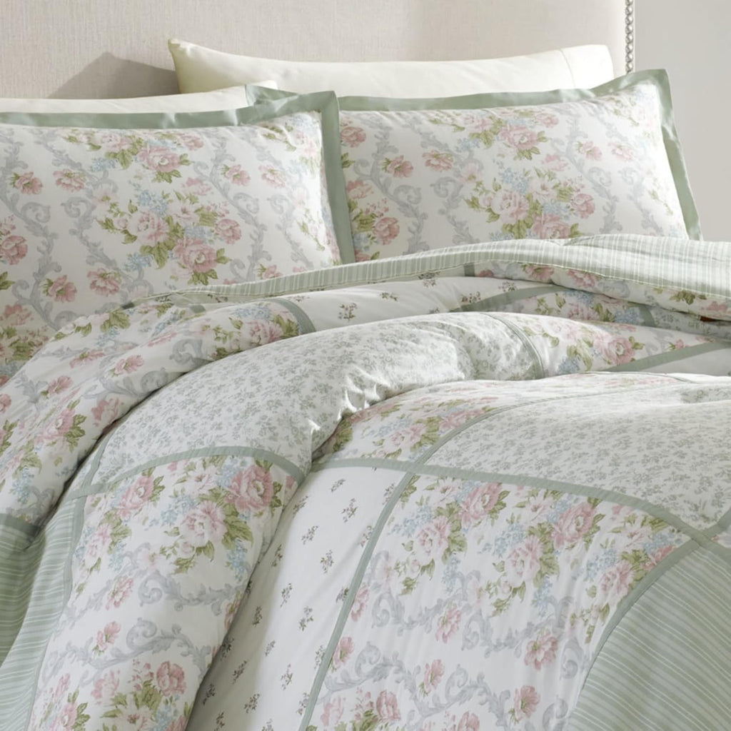 Laura Ashley - King Comforter Set, Reversible Cotton Bedding with Matching Shams & Bedskirt, Stylish Home Decor for All Seasons (Harper Sage, King)