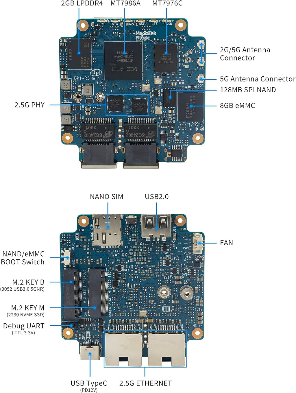 Banana Pi BPI-R3 Mini Wi-Fi 6 Wireless Dual-Band Router Board, OpenWRT Development Board, MediaTek MT7986 (Filogic 830) CPU, 2GB DDR4 RAM 8GB eMMC, Support M.2 NVMe SSD 2X 2.5GbE SFP Ethernet