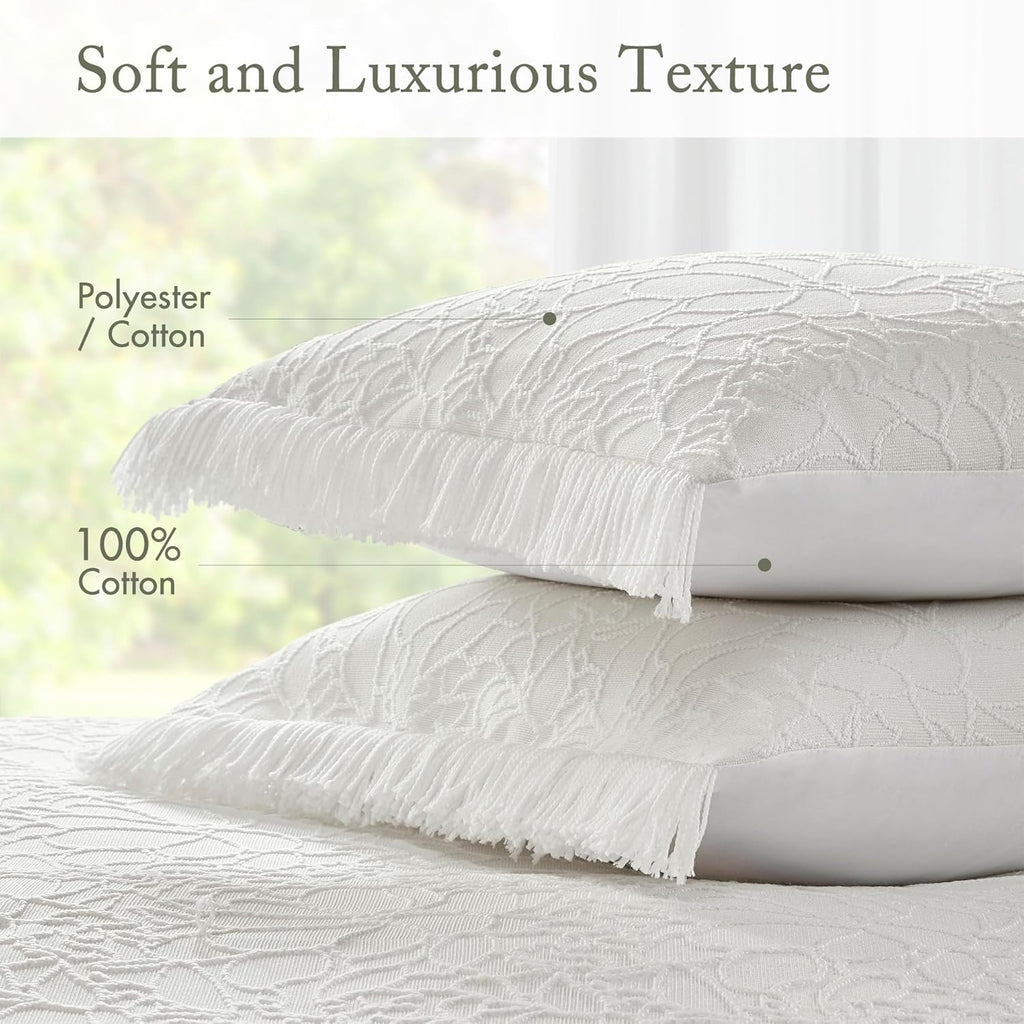 Madison Park King Bedspread Oversized Chenille Floral Bespread with Fringes, King Bedding Set Cozy Quilt, All Season Lightweight Soft King Size Bedspread, Willow, King White 3 Piece