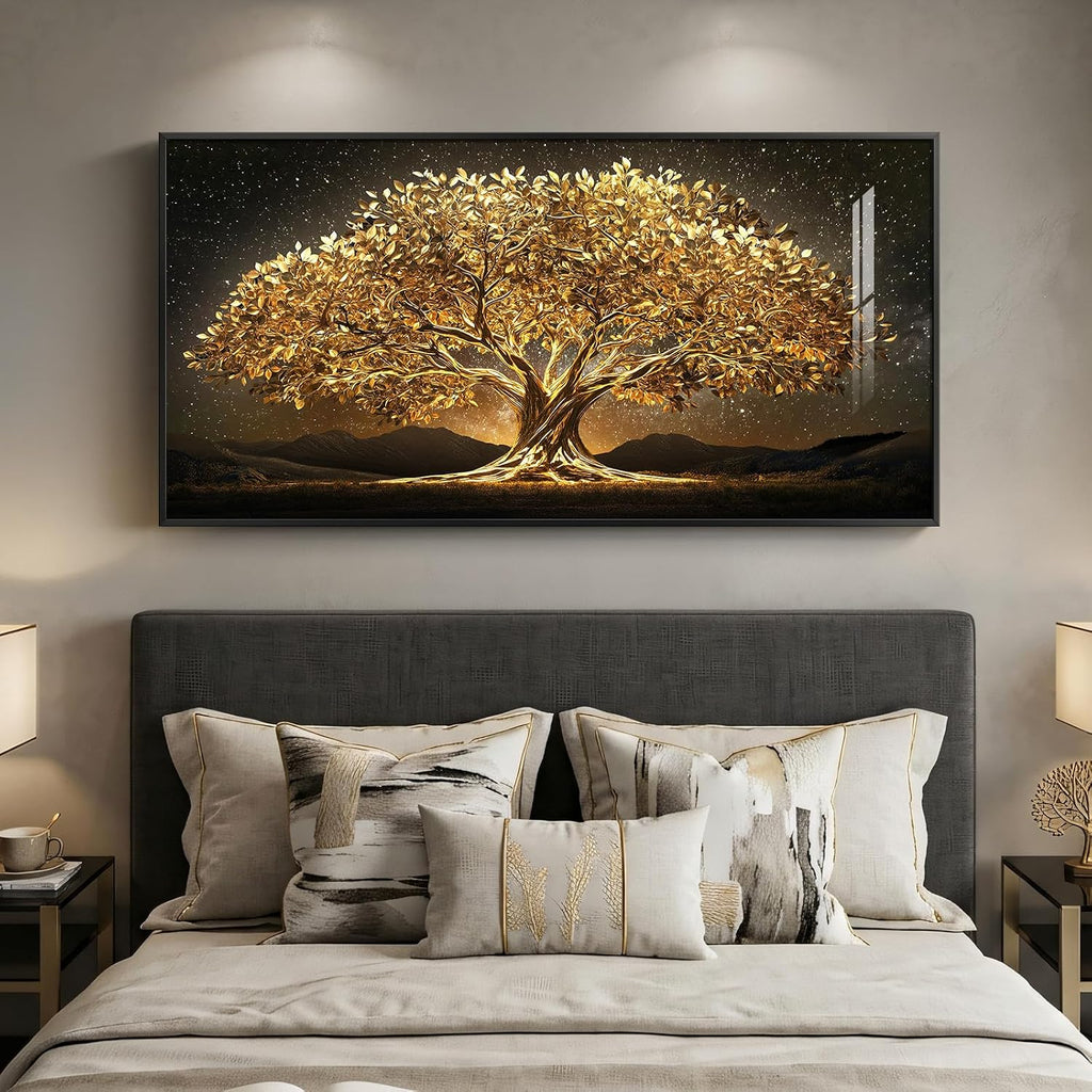 Large Framed Black and Gold Tree of Life Wall Art, Modern Luxury Tree Painting Print Artwork for Walls, Contemporary Dark Elegant Glam Picture for Living Room Bedroom Office Wall Decor, 60x30 Inch