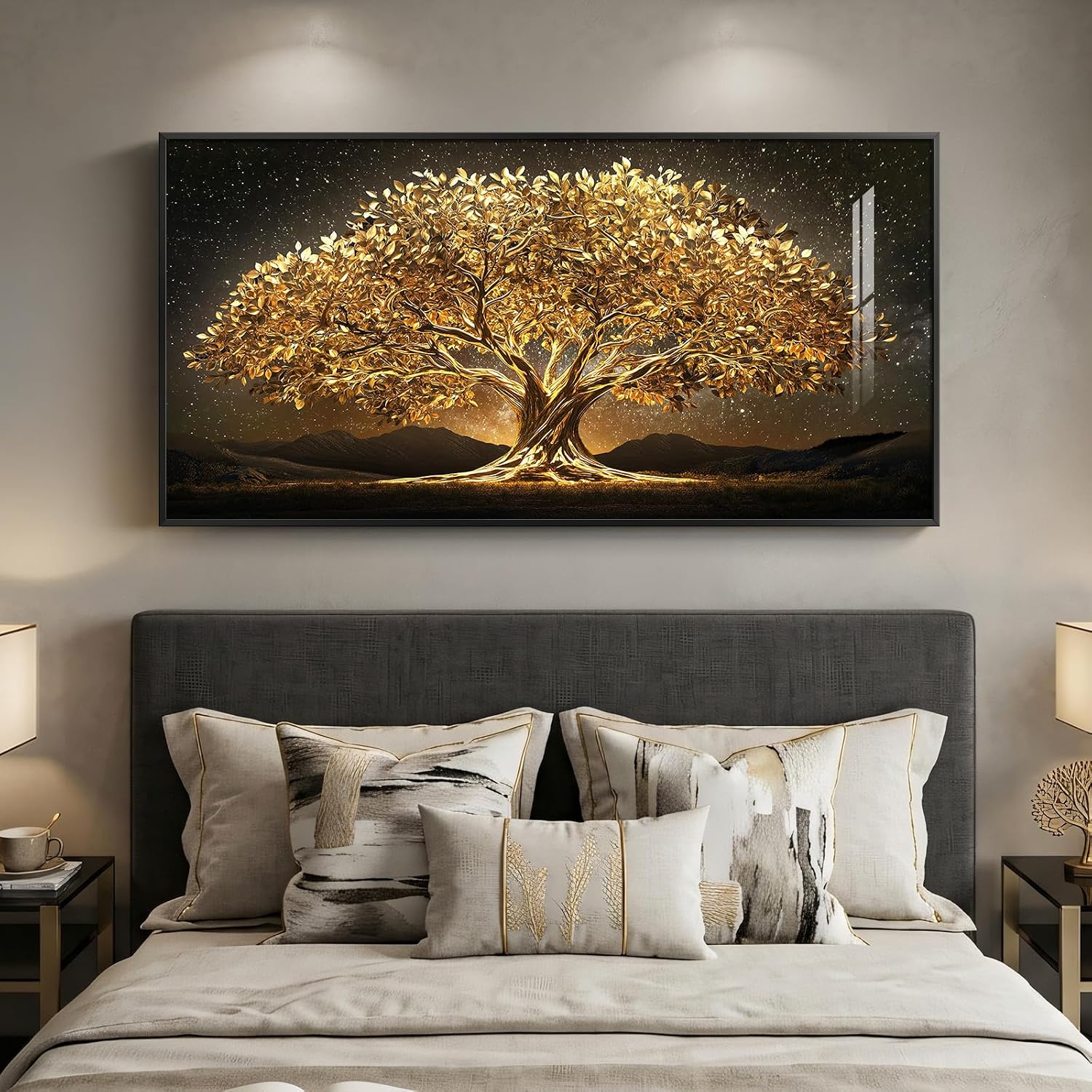 Large Framed Black and Gold Tree of Life Wall Art, Modern Luxury Tree Painting Print Artwork for Walls, Contemporary Dark Elegant Glam Picture for Living Room Bedroom Office Wall Decor, 60x30 Inch