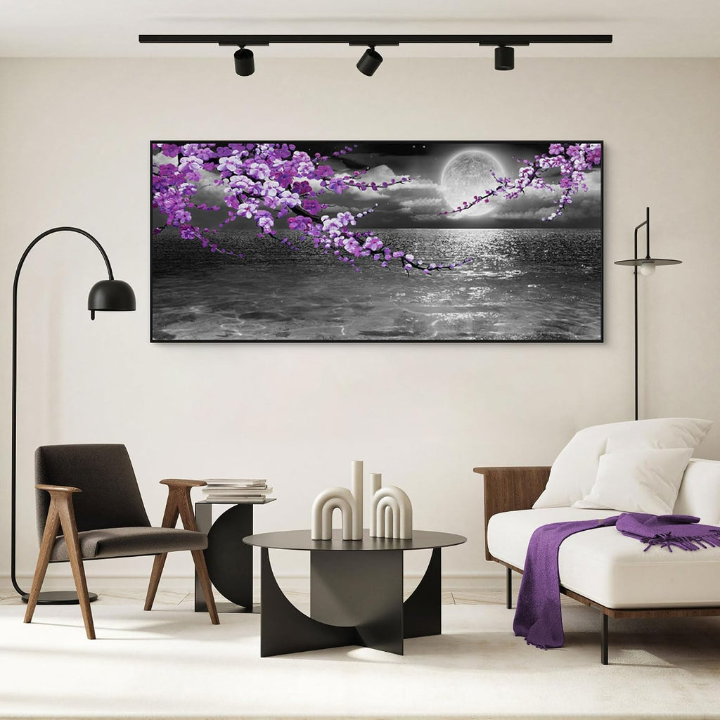 yiijeah Large Purple Wall Art Decor for Living Room Bedroom Framed Black and White Seascape Full Moon Purple Flower Painting Canvas Picture Modern Hand-Painted Plum Blossom Artwork for Home Office