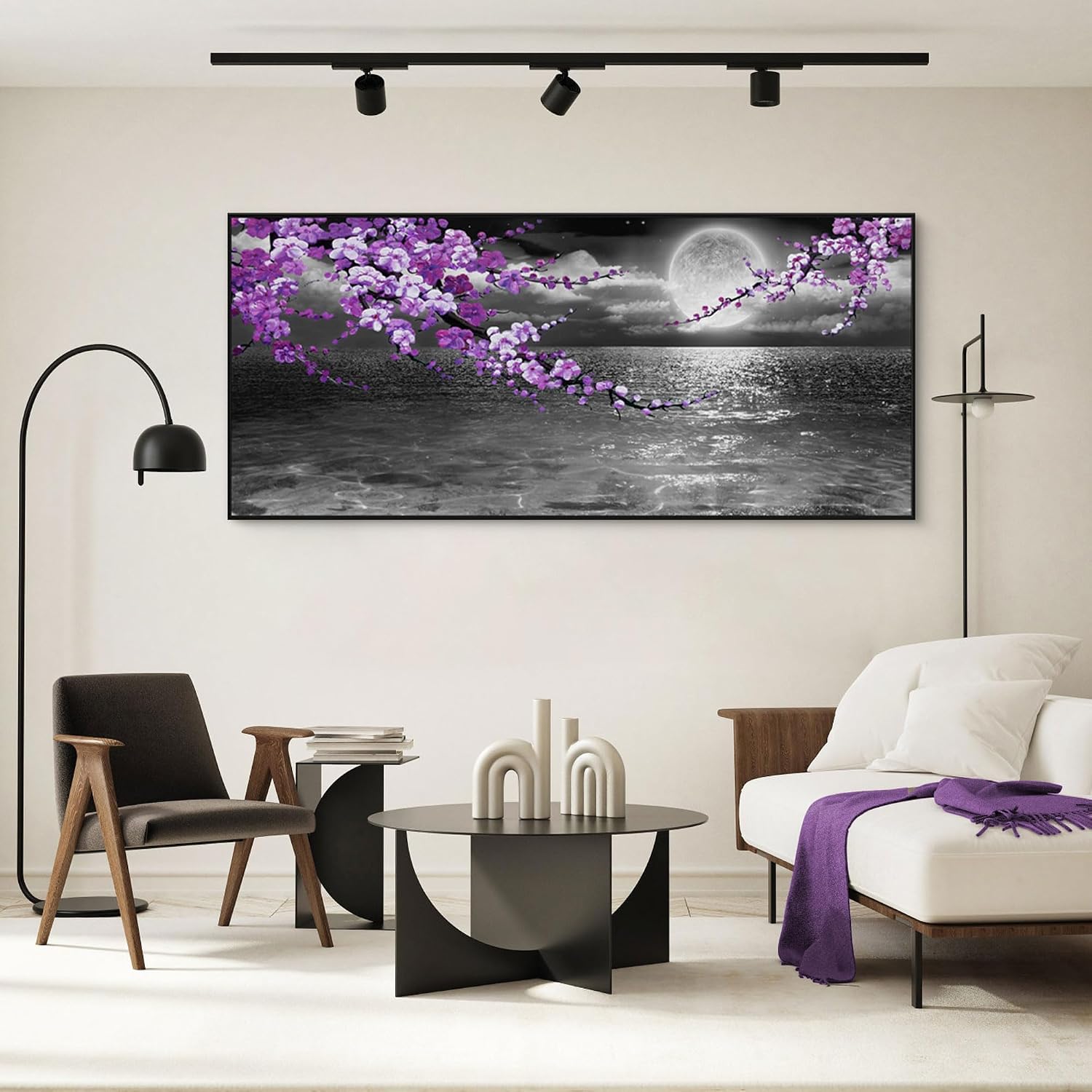 yiijeah Large Purple Wall Art Decor for Living Room Bedroom Framed Black and White Seascape Full Moon Purple Flower Painting Canvas Picture Modern Hand-Painted Plum Blossom Artwork for Home Office