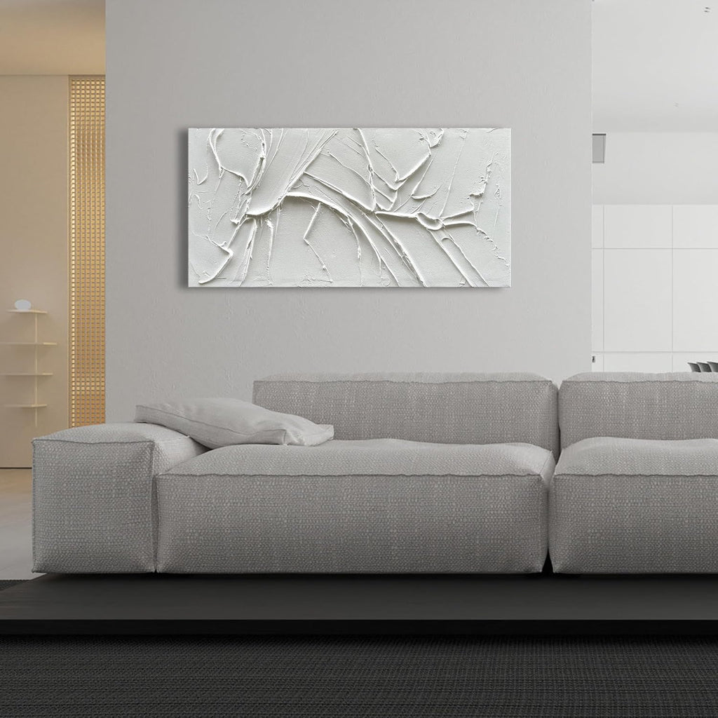 NANKAI Hand-Painted Thick Texture White Minimalist Oil Painting 24x48 Inches Contemporary Abstract Art Oil Painting, Home, Office Wall Decoration Art