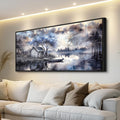 ERQINHUA Large Canvas Blue Tree Lakeside Landscape Painting Wall Decor For Living Room Restaurant Wall Art For Office Bedroom Artwork Pictures Modern Home Decor Ready To Hang Black Framed 32x72 In