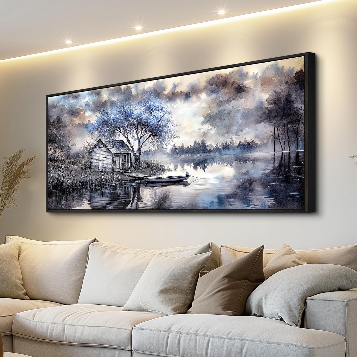 ERQINHUA Large Canvas Blue Tree Lakeside Landscape Painting Wall Decor For Living Room Restaurant Wall Art For Office Bedroom Artwork Pictures Modern Home Decor Ready To Hang Black Framed 32x72 In