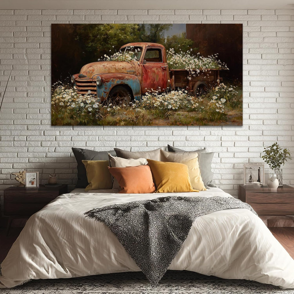 TIMUBA Spring Farmhouse Truck Wall Art, Country Landscape Barn Wall Decor Canvas, Vintage Red Truck Painting Artwork, Modern Rustic Wildflower Picture Poster for Home Living Room Decoration 60x30 Inch