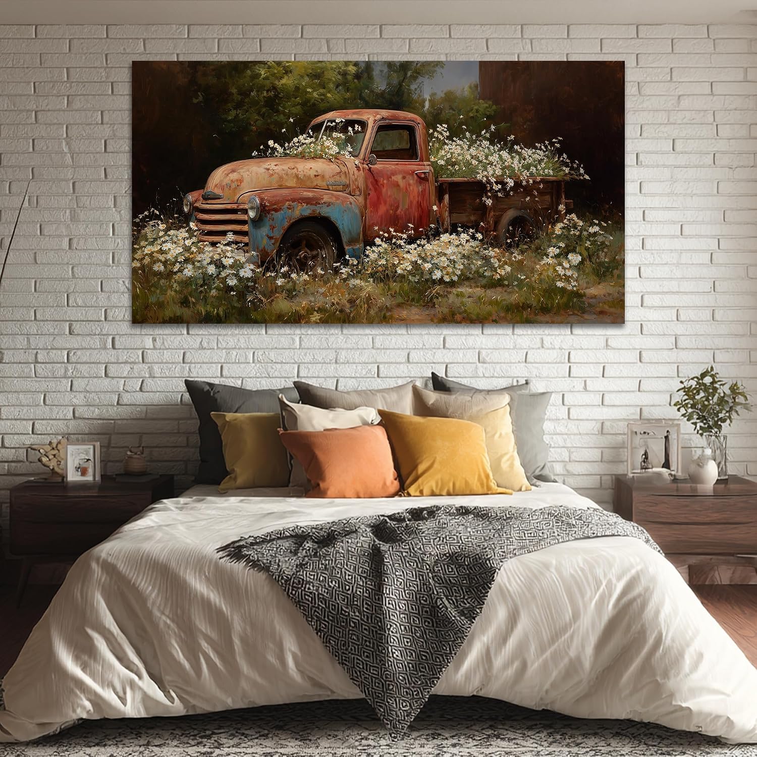 TIMUBA Spring Farmhouse Truck Wall Art, Country Landscape Barn Wall Decor Canvas, Vintage Red Truck Painting Artwork, Modern Rustic Wildflower Picture Poster for Home Living Room Decoration 60x30 Inch