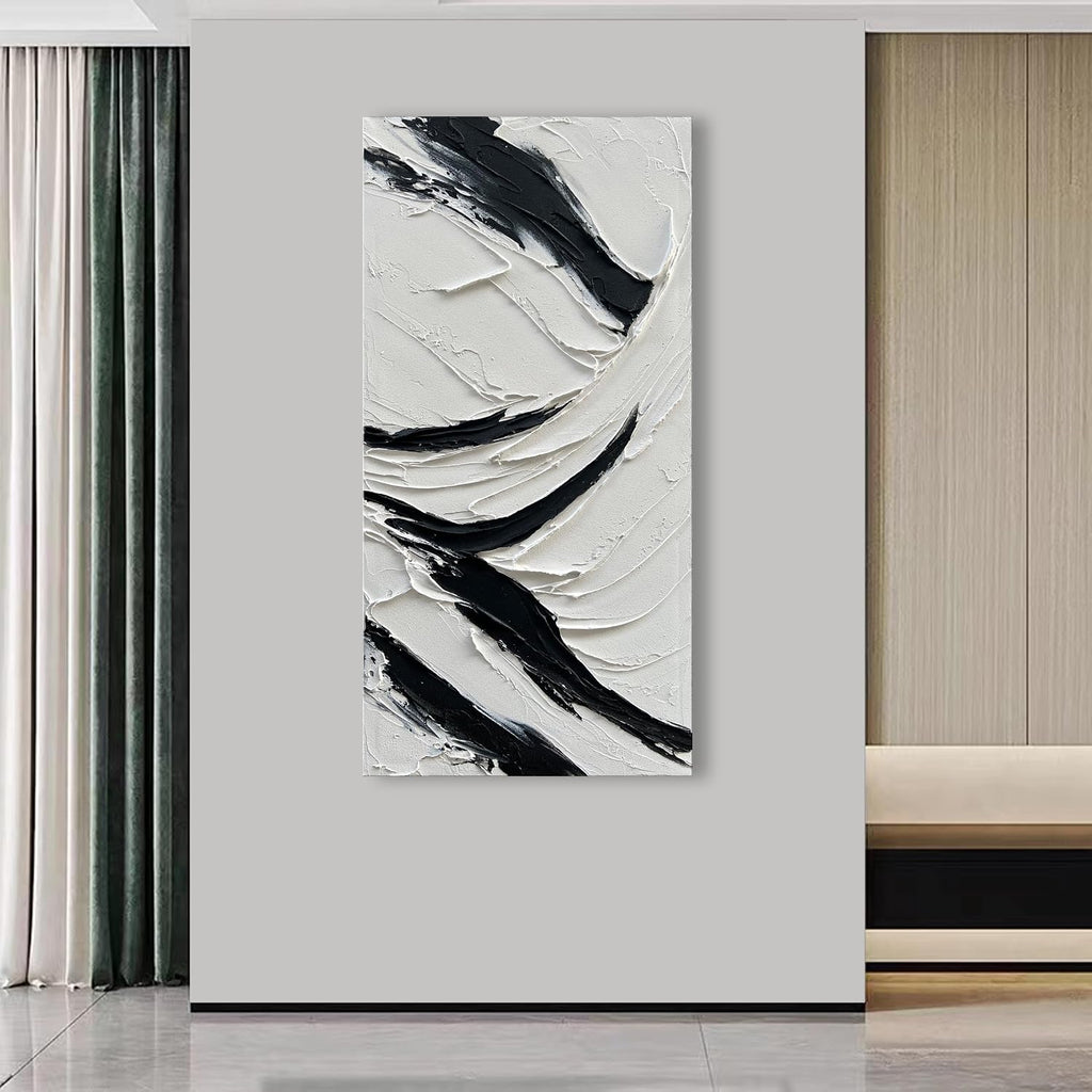 NANKAI Art Hand Painted Oil on Canvas in Black and White 48x24 inches Modern Abstract Minimalist Oil Painting Home Wall Decorative Art
