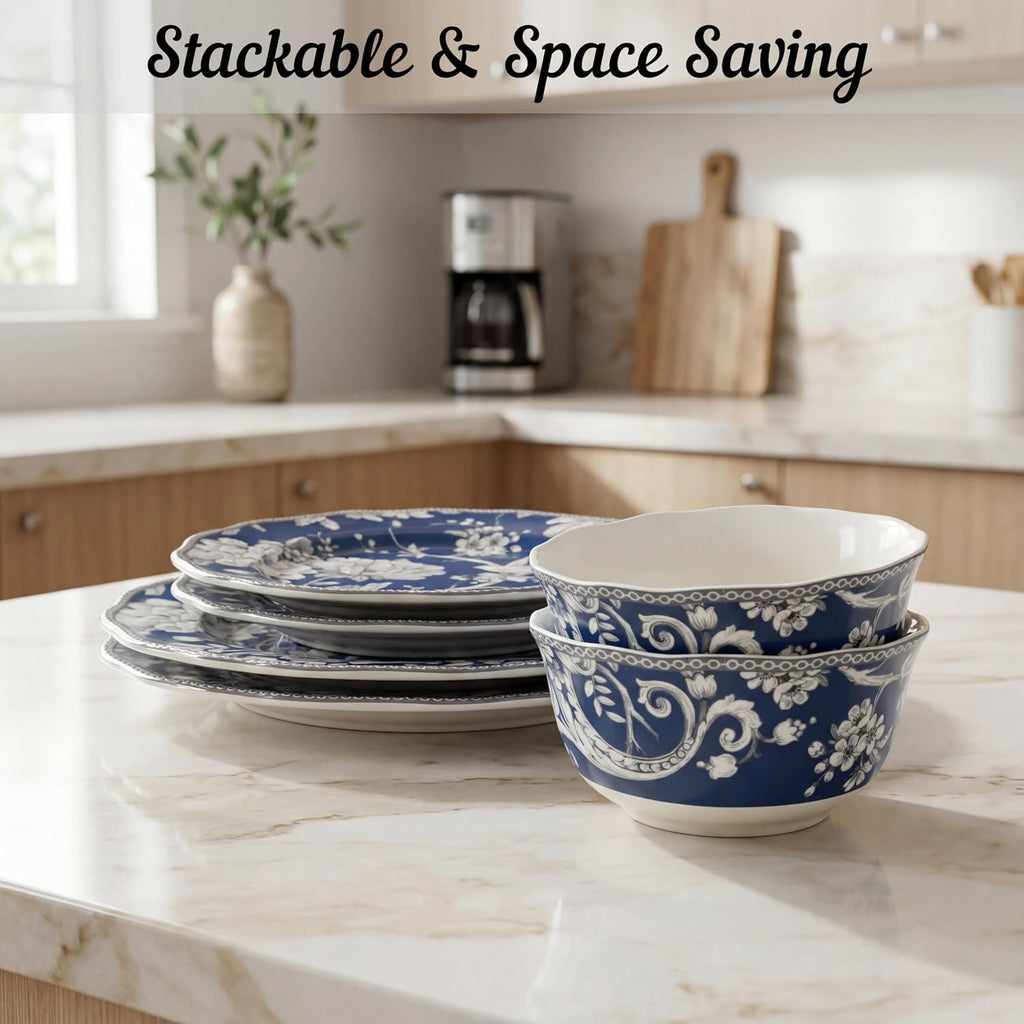 222 Fifth Adelaide 16-Piece Dark Blue Porcelain Dinnerware Set – Service for 4, Plate, Bowl & Mug Set, Bird & Floral Design, Everyday Big Dinner Plates and Bowls Sets, Microwave & Dishwasher Safe