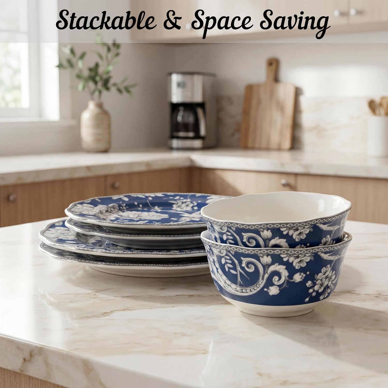 222 Fifth Adelaide 16-Piece Dark Blue Porcelain Dinnerware Set – Service for 4, Plate, Bowl & Mug Set, Bird & Floral Design, Everyday Big Dinner Plates and Bowls Sets, Microwave & Dishwasher Safe