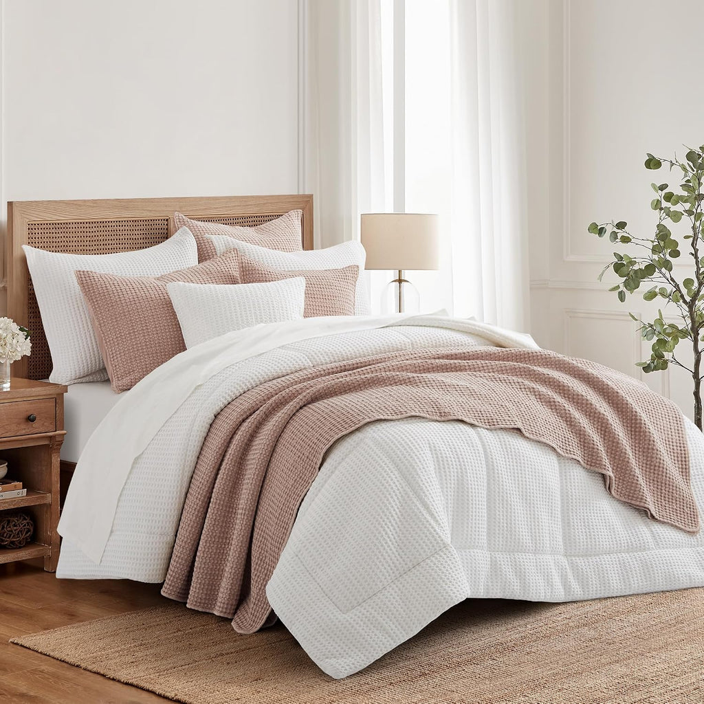 Levtex Home Mills Waffle Full/Queen Comforter Set (90x94in) with 2 Pillow Shams (26x20in) - Bright White - 100% Cotton Full/Queen Size Comforter Set - Soft, Pre-Washed