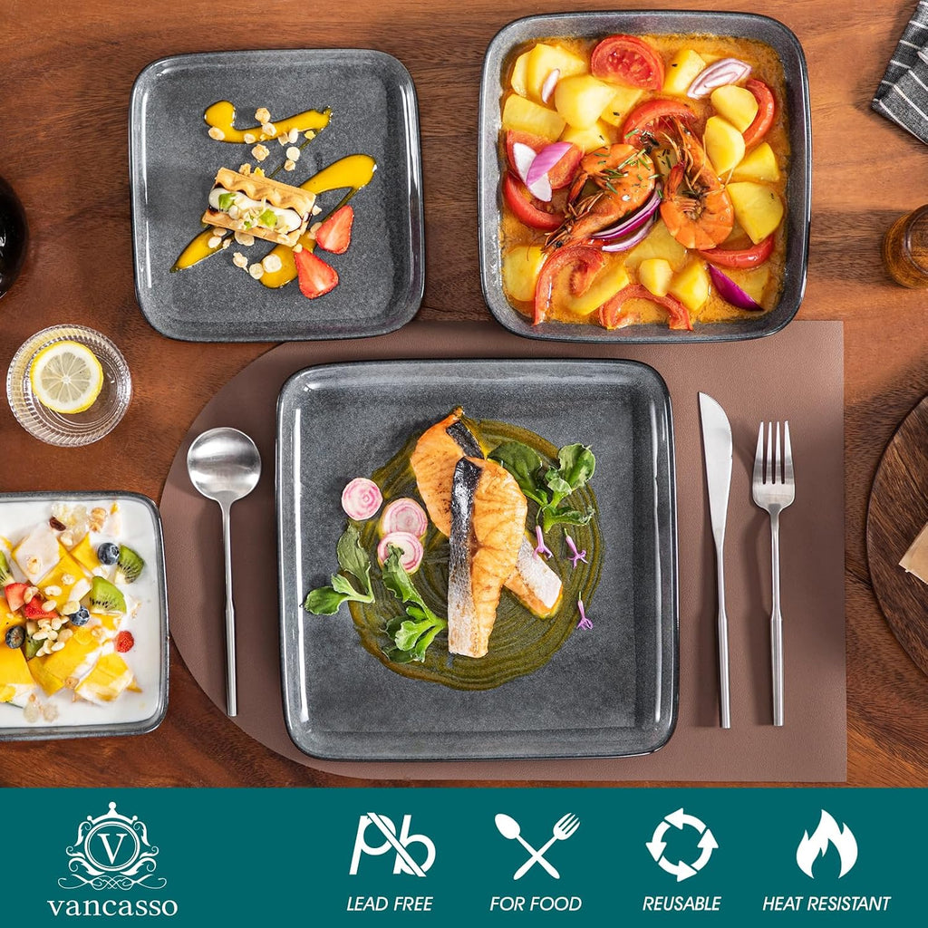 vancasso Stern Gray Dinnerware Set Square Reactive Glaze Tableware 16 Pieces Kitchen Dinnerware Stoneware Crockery Set with Dinner Plate, Dessert Plate, Bowl and Soup Plate Service for 4