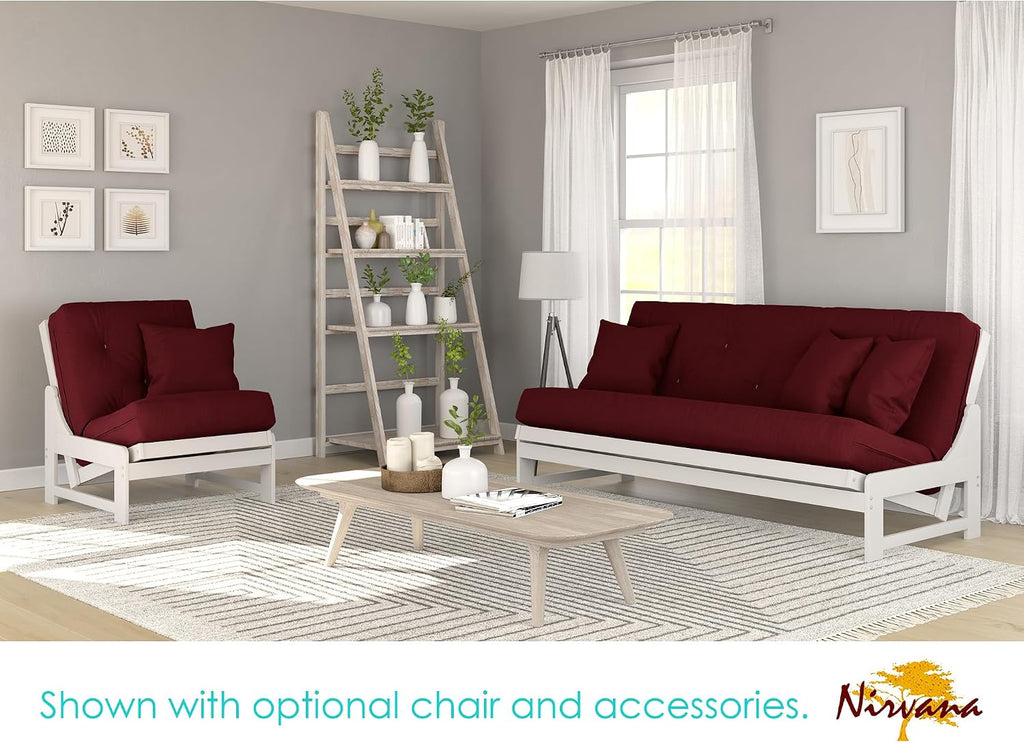 Nirvana Futons Arden White Futon Set Full or Queen Size - Armless Wood Futon Frame with Mattress Included (Twill Burgundy), Space Saving Modern Sofa Bed Sleeper