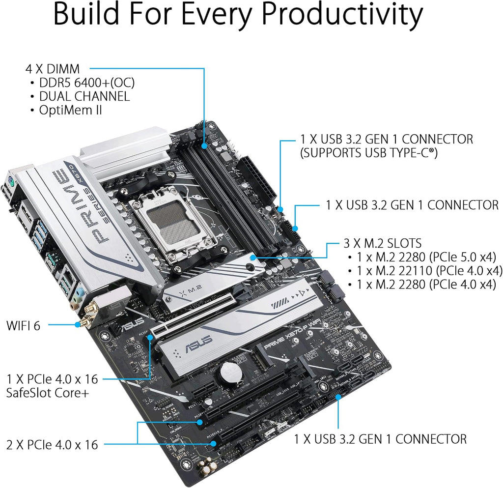 ASUS Prime X670-P WiFi AMD X670 AM5 Ryzen™ Desktop 9000 8000 & 7000 ATX Motherboard with Three M.2 Slots, DDR5, USB 3.2 Gen 2x2 Type-C®, USB4® Support, WiFi 6 and 2.5Gb Ethernet