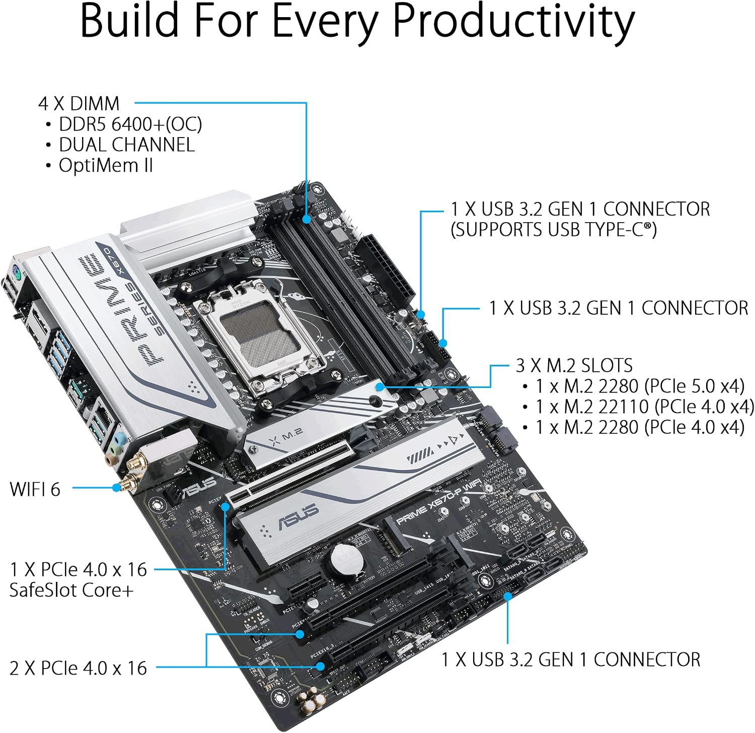 ASUS Prime X670-P WiFi AMD X670 AM5 Ryzen™ Desktop 9000 8000 & 7000 ATX Motherboard with Three M.2 Slots, DDR5, USB 3.2 Gen 2x2 Type-C®, USB4® Support, WiFi 6 and 2.5Gb Ethernet