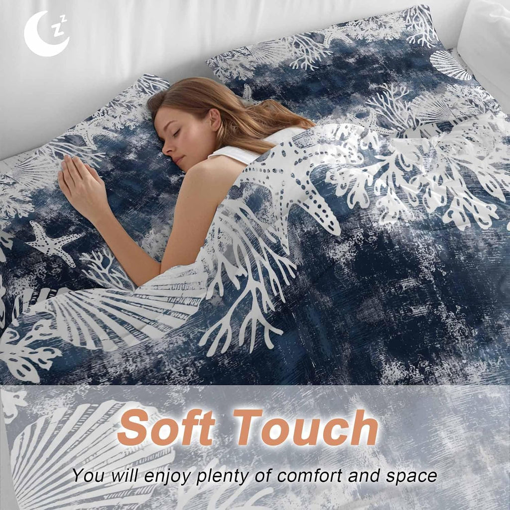 Vintage Blue Ocean Duvet Cover Set Queen Size 4 Pieces Country Nautical Coastal Sea Starfish Shell Coral Bedding Set with Zipper Closure, 1 Comforter Cover 86x86 Inches 1 Flat Sheet & 2 Pillow Cases