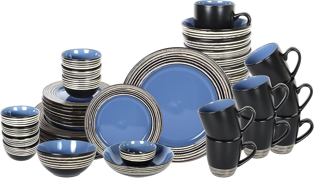 48 Piece Dinnerware Set, Ceramic Plates and Bowls Sets for 8, Microwave and Dishwasher Safe, Handcrafted Tree Bark Series Dish Set, Blue