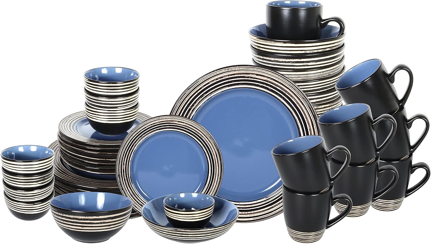 48 Piece Dinnerware Set, Ceramic Plates and Bowls Sets for 8, Microwave and Dishwasher Safe, Handcrafted Tree Bark Series Dish Set, Blue