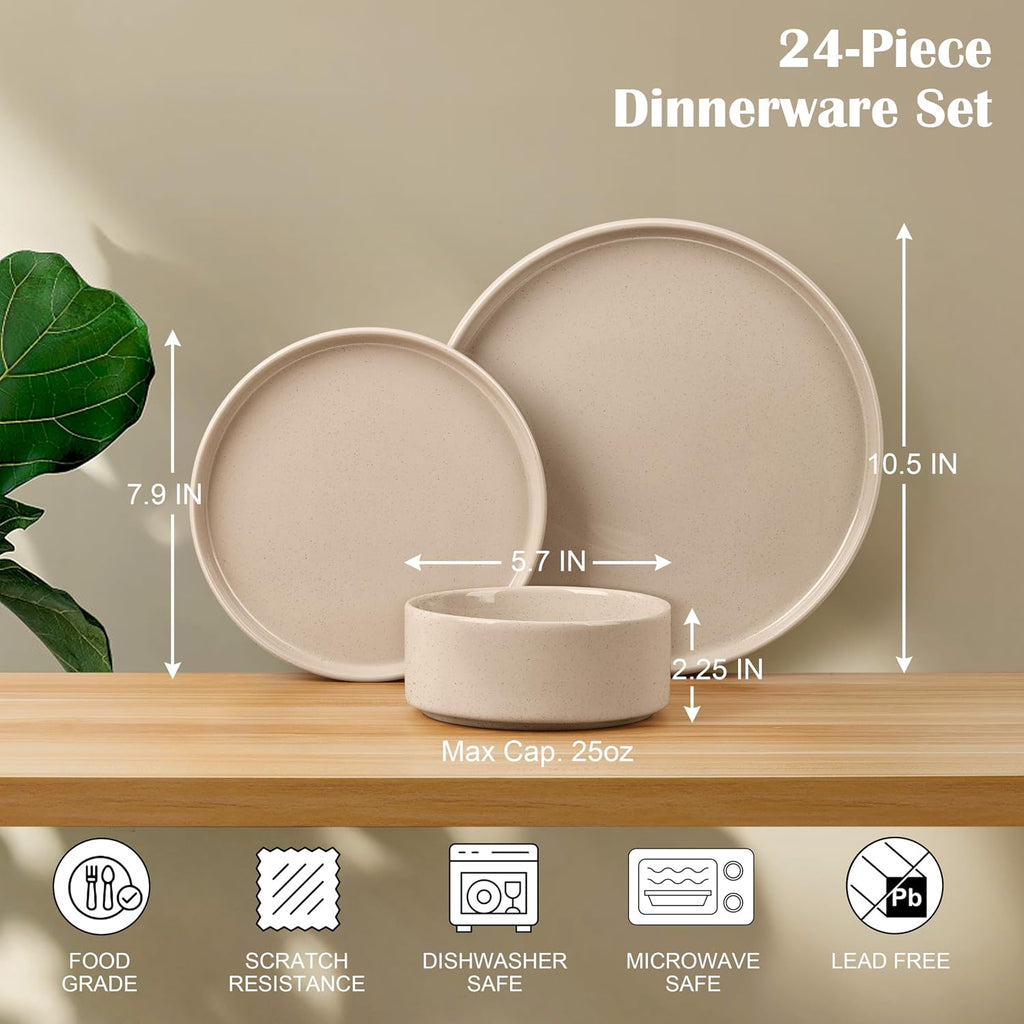 E-far Dinnerware Sets for 8, 24-Piece Stoneware Plates and Bowls Dish Set, Modern Kitchen Dinning Dishware, Chip and Scratch Resistant, Microwave & Dishwasher Safe, Speckled Khaki