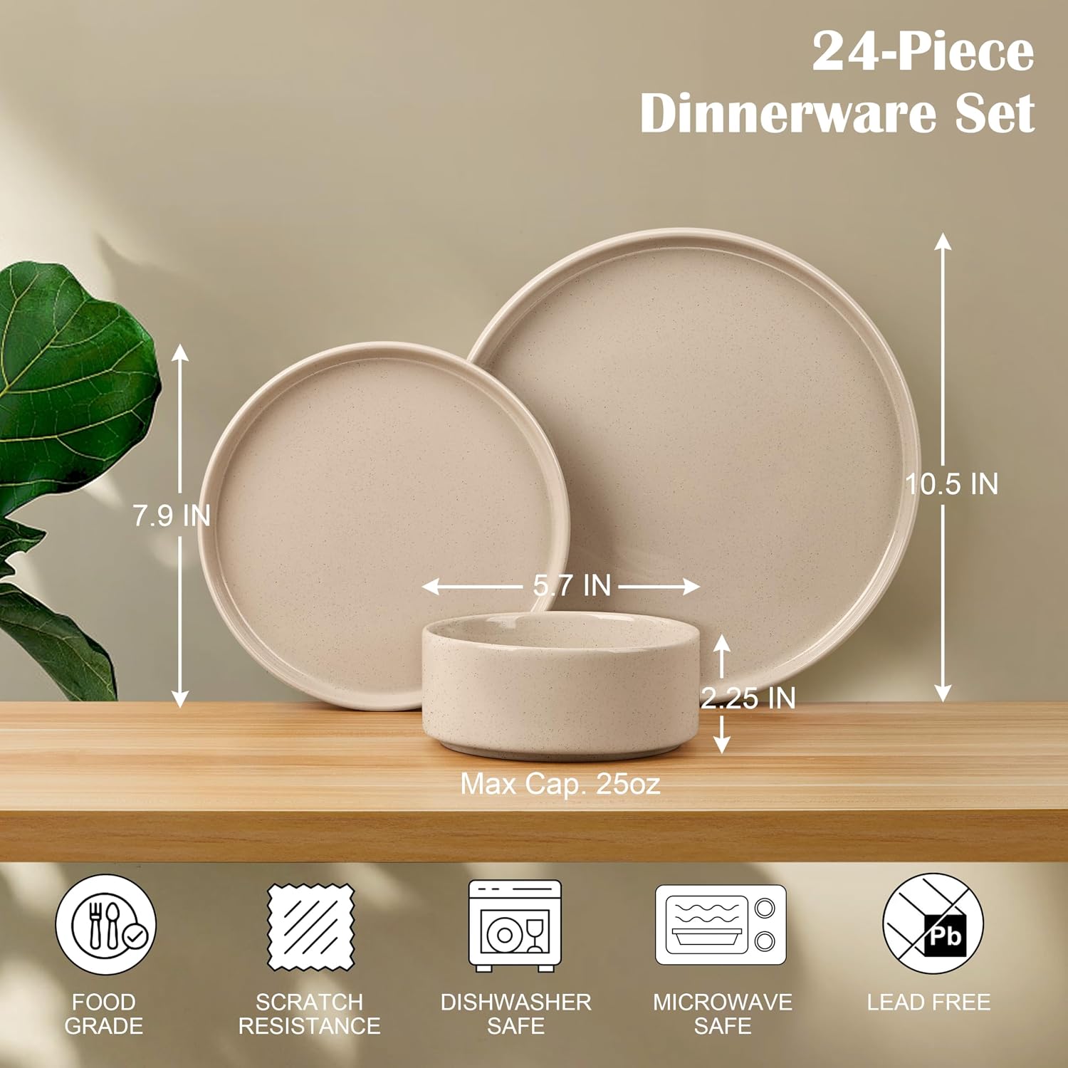 E-far Dinnerware Sets for 8, 24-Piece Stoneware Plates and Bowls Dish Set, Modern Kitchen Dinning Dishware, Chip and Scratch Resistant, Microwave & Dishwasher Safe, Speckled Khaki