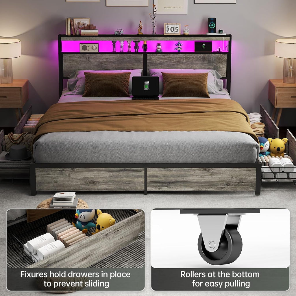 Fabulis King Size Bed Frame with 4 Storage Drawers and Headboard with Charging Station and LED Lights,2 Tier Solid Wood Headboard Storage/Noise Free/No Box Spring Needed/Remote Control/Rustic Grey