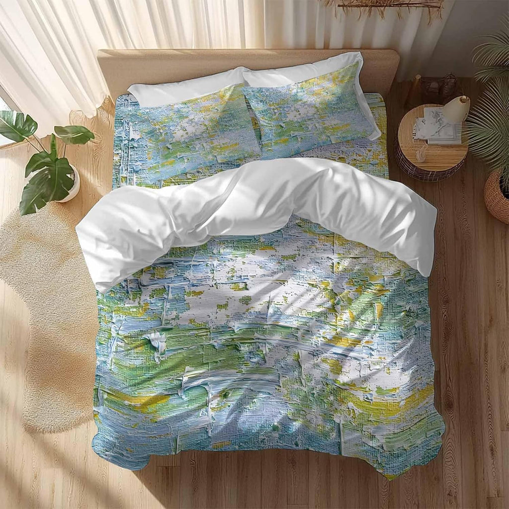 Prime Leader Abstract Geometric Duvet Cover Set Queen Size 4 Pieces Yellow Blue Green Oil Painting Style Bedding Set with Zipper Closure, 1 Comforter Cover 90x92 Inches 1 Flat Sheet & 2 Pillow Cases