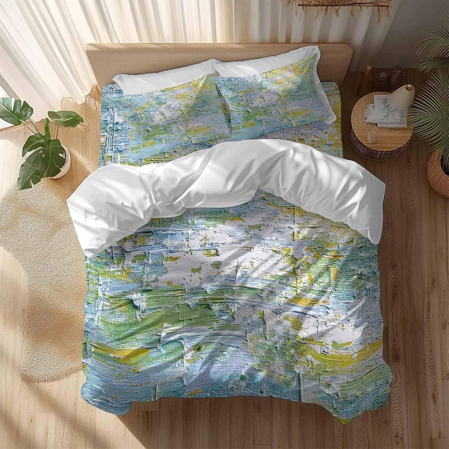 Prime Leader Abstract Geometric Duvet Cover Set Queen Size 4 Pieces Yellow Blue Green Oil Painting Style Bedding Set with Zipper Closure, 1 Comforter Cover 90x92 Inches 1 Flat Sheet & 2 Pillow Cases