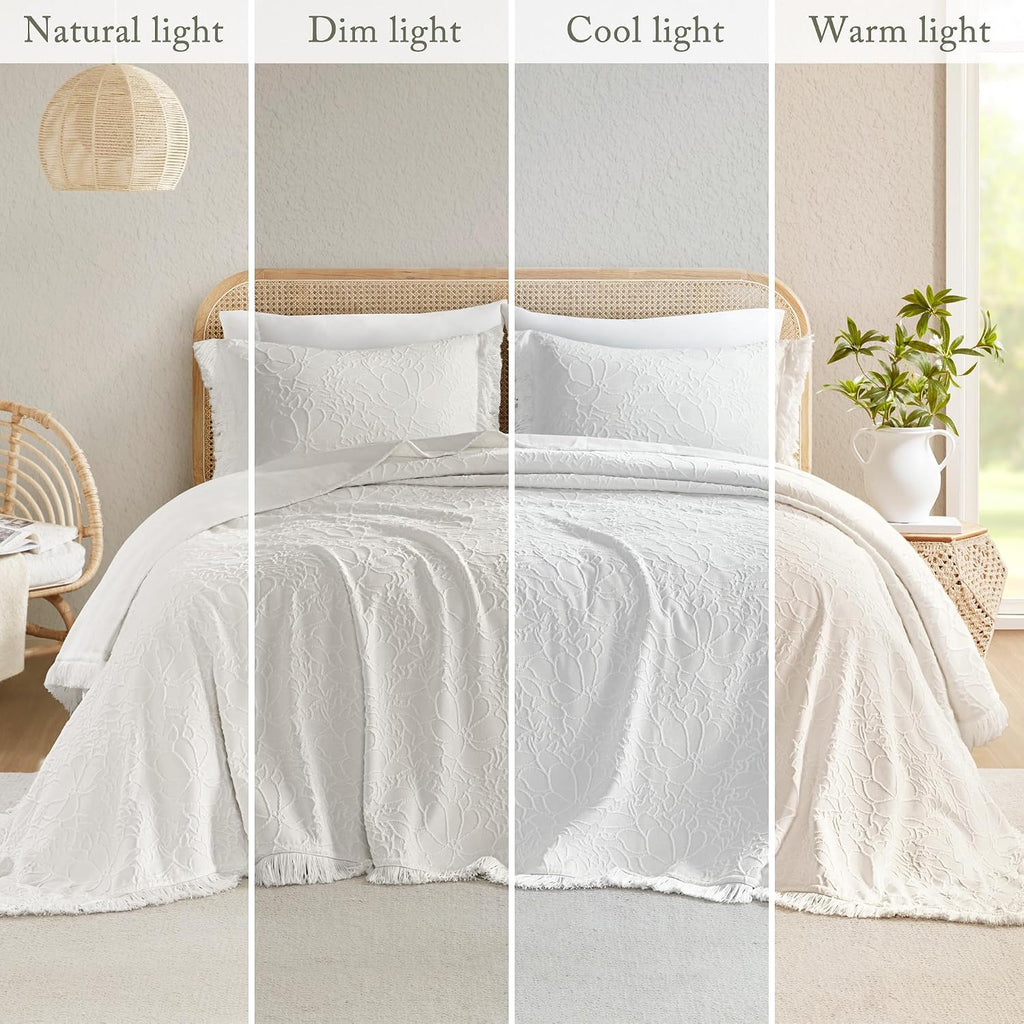 Madison Park King Bedspread Oversized Chenille Floral Bespread with Fringes, King Bedding Set Cozy Quilt, All Season Lightweight Soft King Size Bedspread, Willow, King White 3 Piece