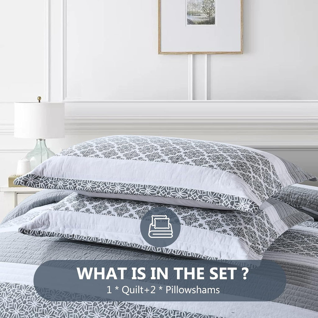 King Size Quilt Set - King Quilted Bedspread Sets, 100% Cotton Quilt, King Bed Spread Bedding Set, 3 Pieces Floral Striped Reversible Lightweight Comforter, Bluish Grey
