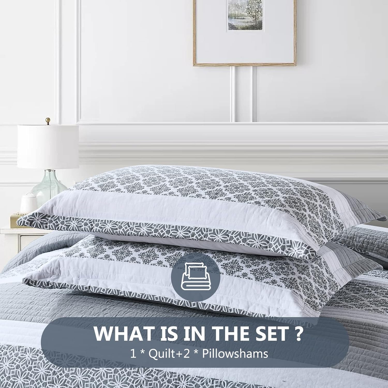 King Size Quilt Set - King Quilted Bedspread Sets, 100% Cotton Quilt, King Bed Spread Bedding Set, 3 Pieces Floral Striped Reversible Lightweight Comforter, Bluish Grey
