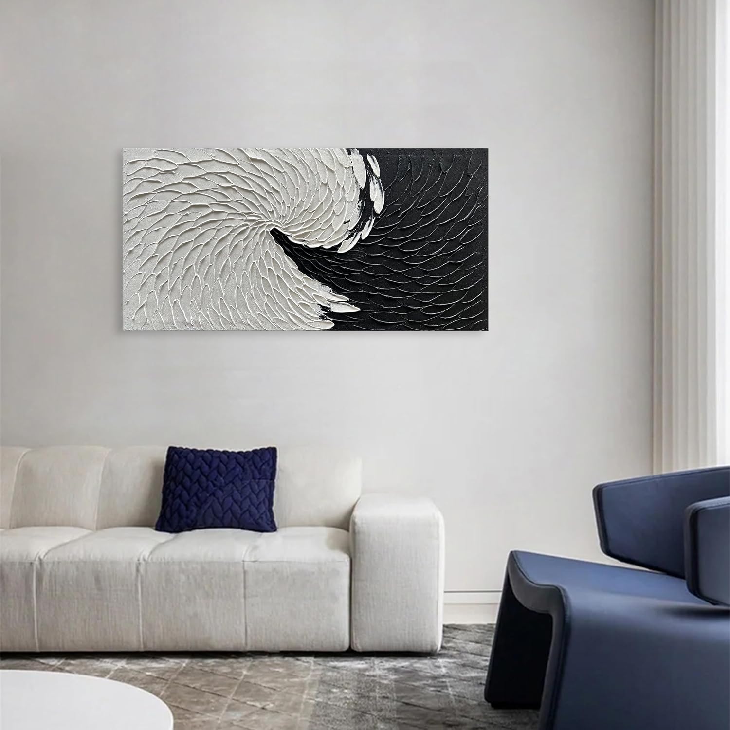 NANKAI Art Hand Painted Black and White Minimalist Oil Painting Modern Abstract Art Home Wall Decoration Painting 24x48 inches