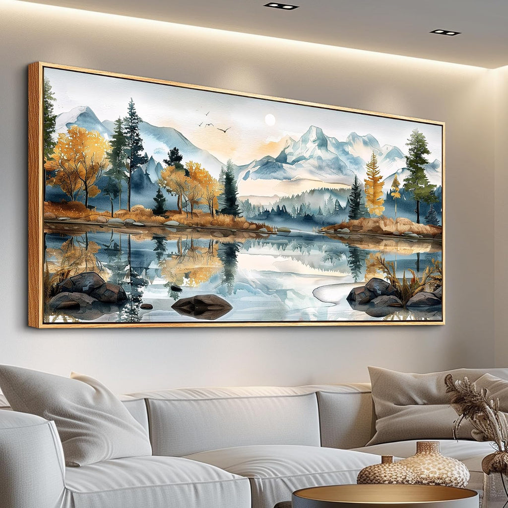 ERQINHUA Large Canvas Wood Framed Abstract Wall Art Living Room Wall Decor for Bedroom Office Decoration Watercolour Paint Tree Lakeside Landscapes Picture Artwork Home Decor Ready to Hang 30x60 In