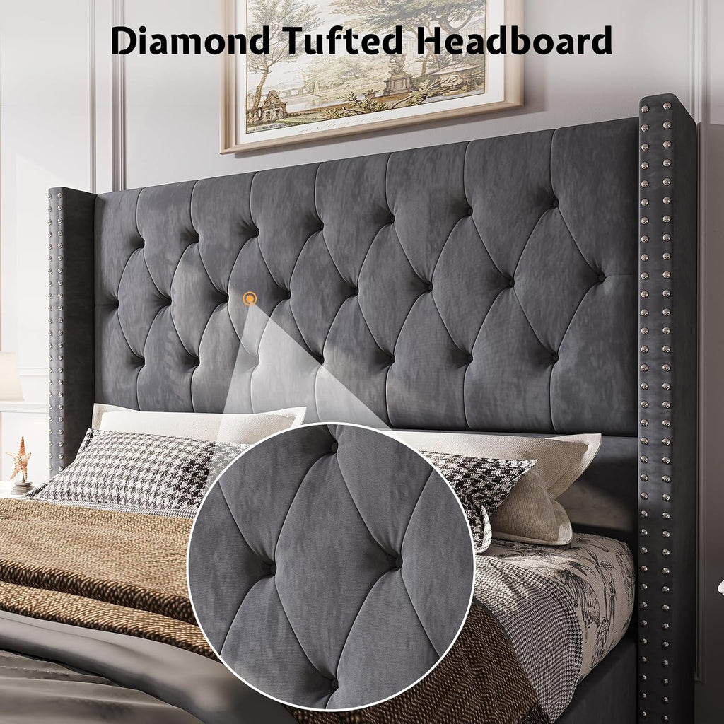 Jocisland Queen Bed Frame Upholstered Bed Wingback Headboard Velvet Tufted Diamond Button/No Box Spring Needed/Easy Assembly/Gray