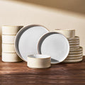 Stoneware Plates and Bowls Dishes Sets for 6 (18-Piece), Famiware Premium Handcrafted Reactive Glaze Dinnerware Set with Raised Rim, Scratch Resistant, Microwave Dishwasher Safe, Cappuccino White