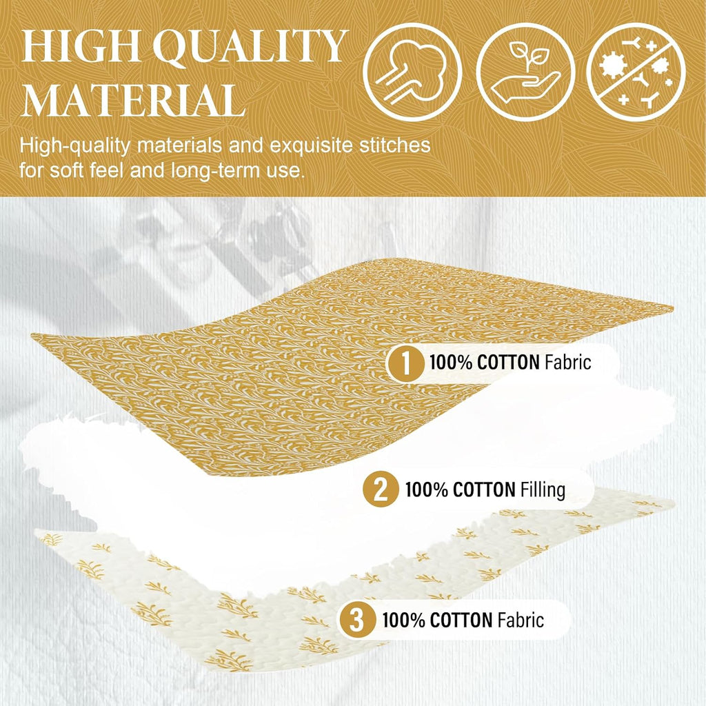 SahSahCasa Quilt Set King Size, 100% Cotton Quilt Bedding Set Bedspread, Botanical Pattern Solid Color Chic Lightweight Quilted Comforter for King Bed, Mustard Yellow, All Season, 3 Pieces