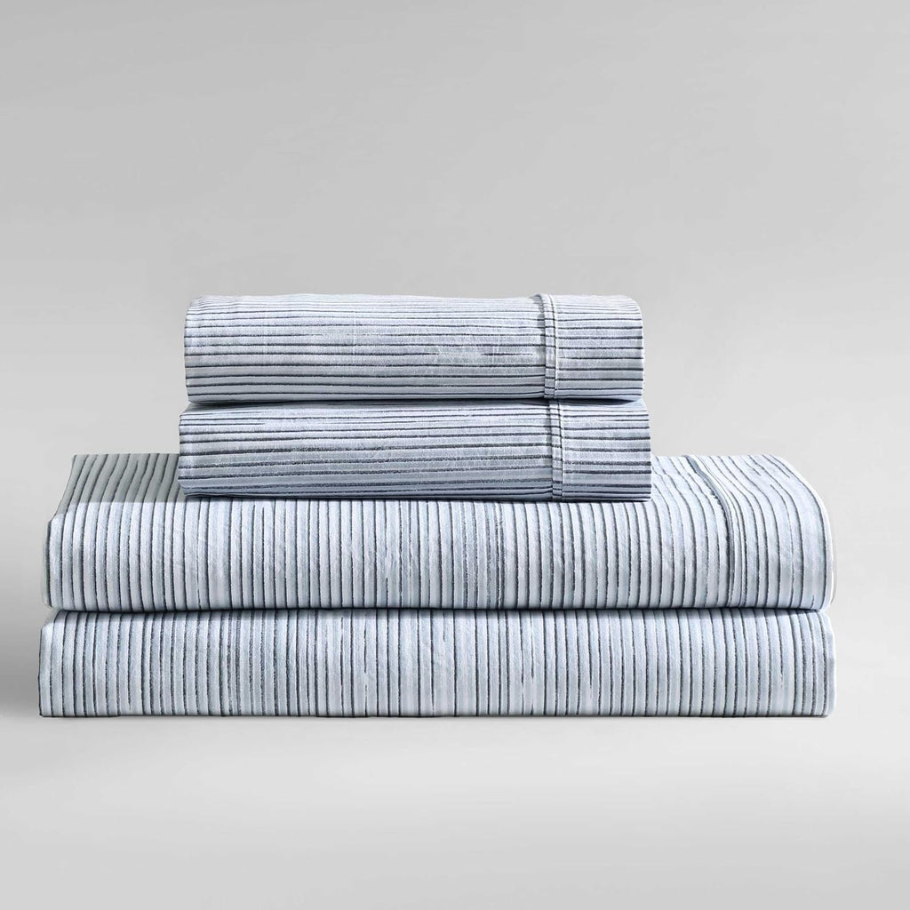 Calvin Klein - King Size Sheets Set, Crisp & Tailored Cooling Sheets w/a Naturally Smooth Cotton Percale Lightweight Feel - Bed Sheets with Matching Pillowcases & Fitted Sheet (Wavy Stripe Blue)