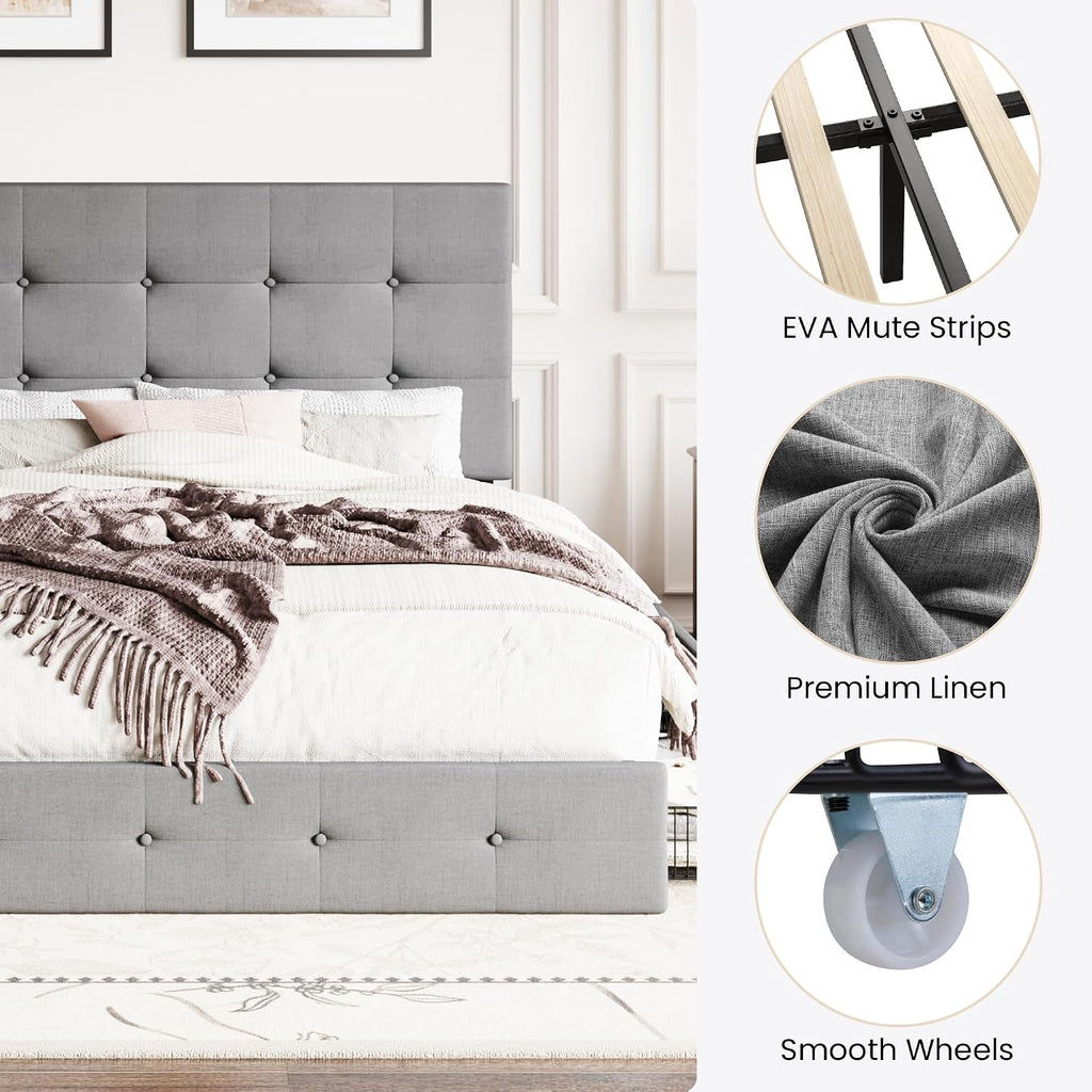 SHA CERLIN Upholstered Queen Size Platform Bed Frame with 4 Storage Drawers, Adjustable Headboard with Square Stitched Button Tufted Design, Wooden Slat Support, No Box Spring Needed, Light Grey